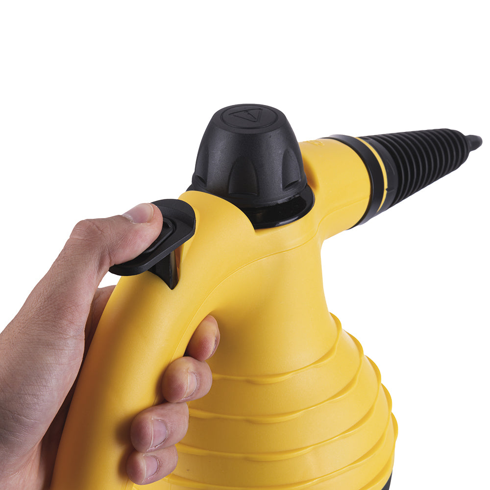 Pulitore a vapore giallo con 9 accessori inclusi, capacità serbatoio 350 ml 1050W, Vaporoso