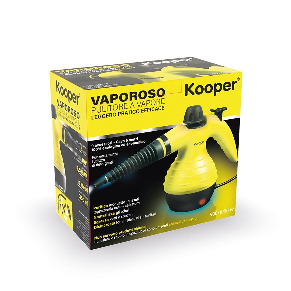 Pulitore a vapore giallo con 9 accessori inclusi, capacità serbatoio 350 ml 1050W, Vaporoso