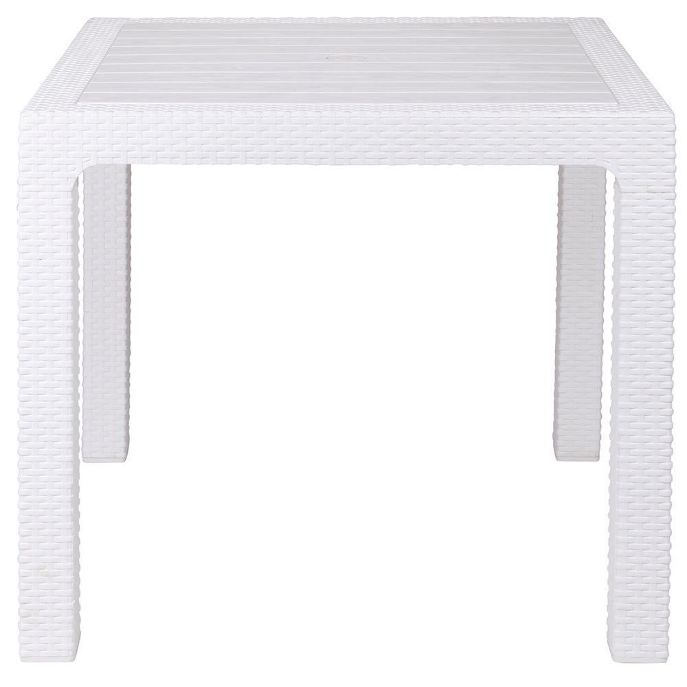 Tavolo quadrato 80x80 cm da esterno bar e ristoranti effetto rattan e piano effetto doghe con foro per ombrellone Esté