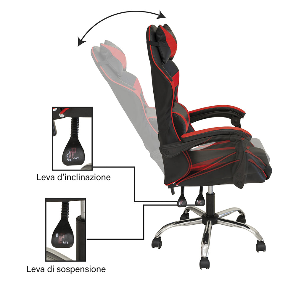 Sedia gaming da ufficio in ecopelle nera e rossa con 5 ruote e schienale reclinabile High Quality