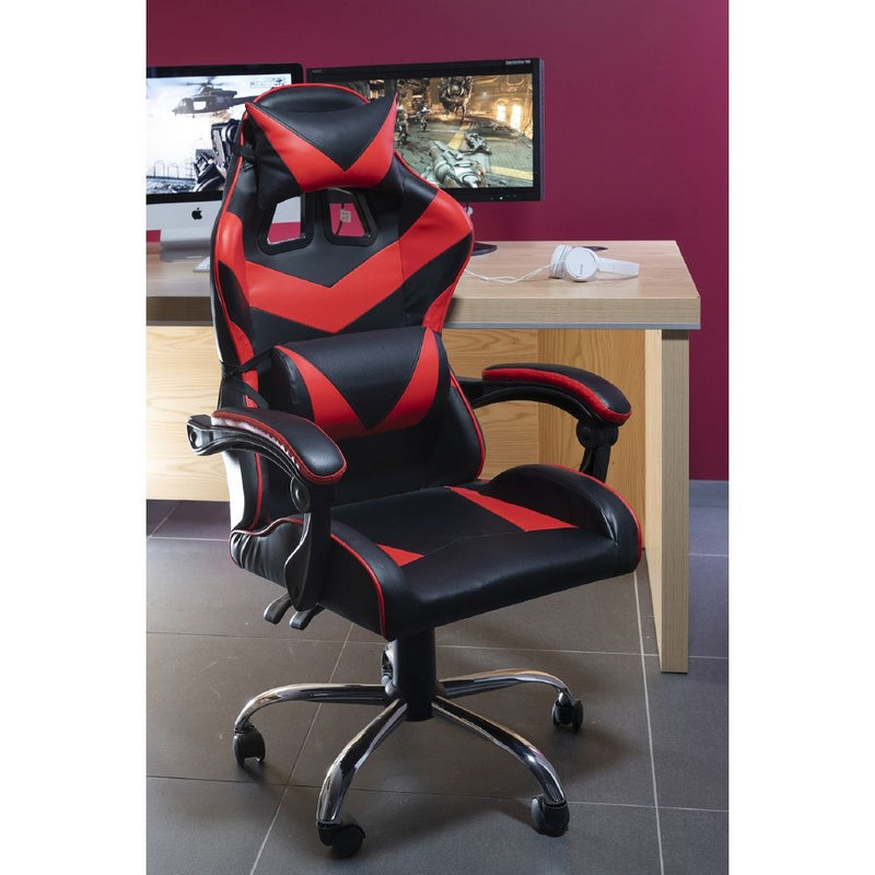 Sedia gaming da ufficio in ecopelle nera e rossa con 5 ruote e schienale reclinabile High Quality