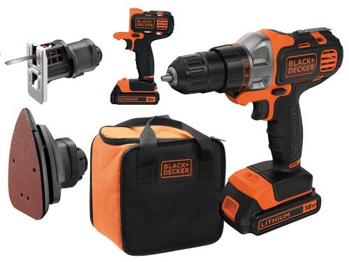 Trapano multiuso a batteria  con seghetto levigatrice caricatore e soft bag rigida per il trasporto Multievo MT218S1A Black and Decker