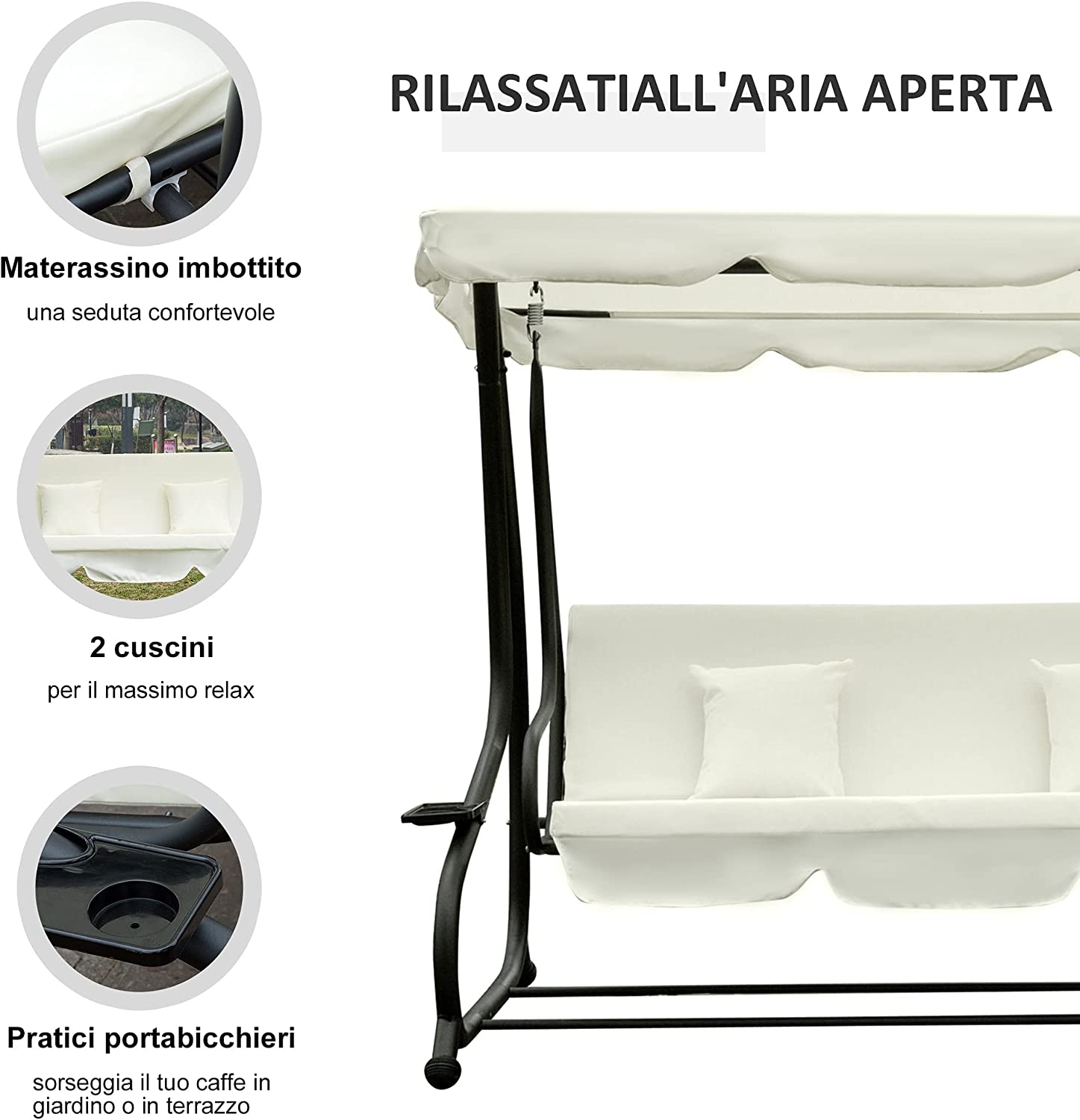 Dondolo letto maxi 3 posti da esterno giardino in acciaio con schienale reclinabile e portabicchieri laterali Suite