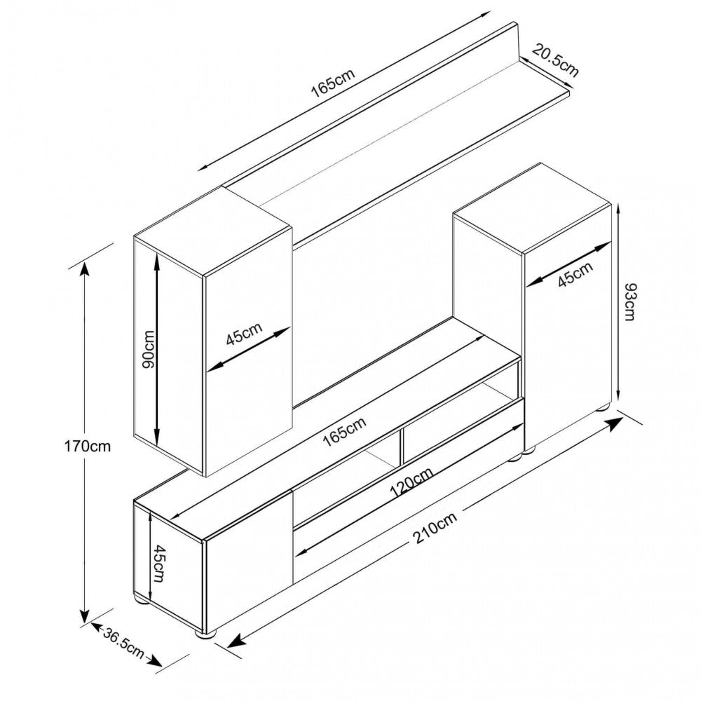 Parete attrezzata grande effetto marmo da soggiorno 210x36,5x170 cm in legno nobilitato bilaminato Brooklyn