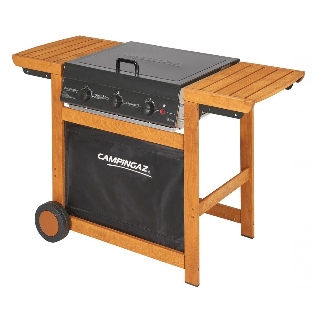 Barbecue a gas con struttura in faggio con piano cottura a griglia e a piastra - Campingaz Dual Gas Adelaide 3 Woody