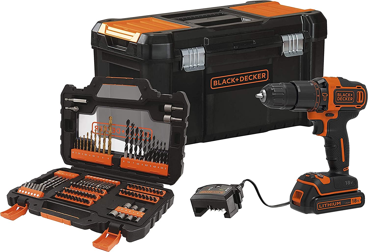 Trapano avvitatore con percussione 18V in kit con cassetta e accessori BLACK+DECKER BDCHD