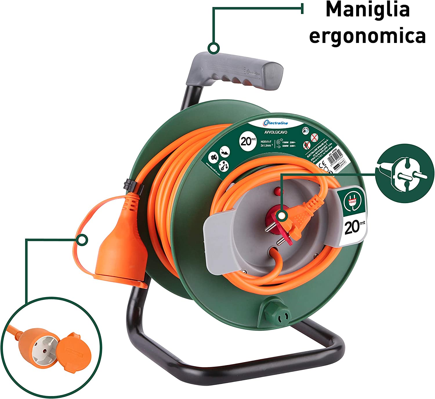 Avvolgicavo prolunga da giardino 20 Mt spina con coperchio anti-sporco 3200W Max. GARDEN 49234