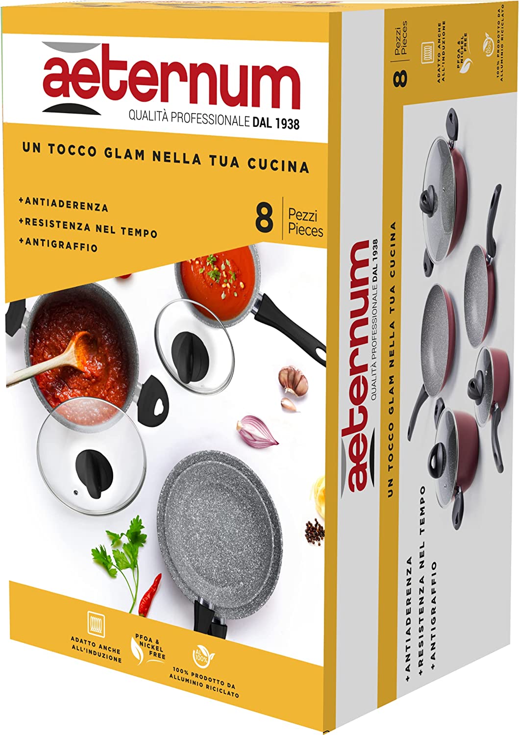 Set batteria da cucina pentole padelle e coperchi in alluminio antiaderente 8 Pz FREEDOM AETERNUM