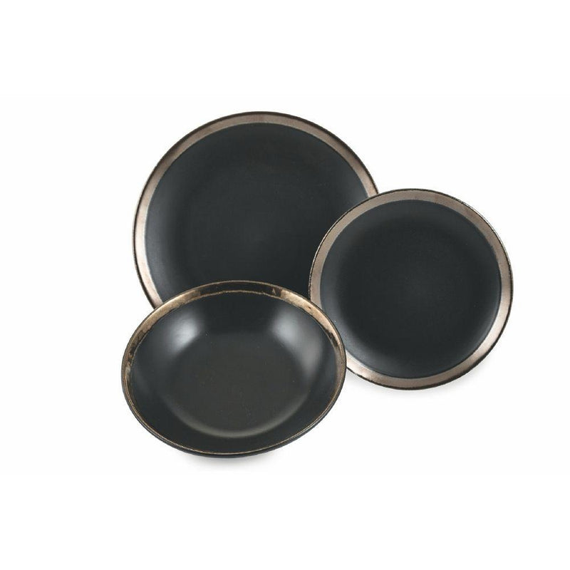 Servizio piatti da tavola in porcellana nera con bordino dorato 18 pezzi Naima