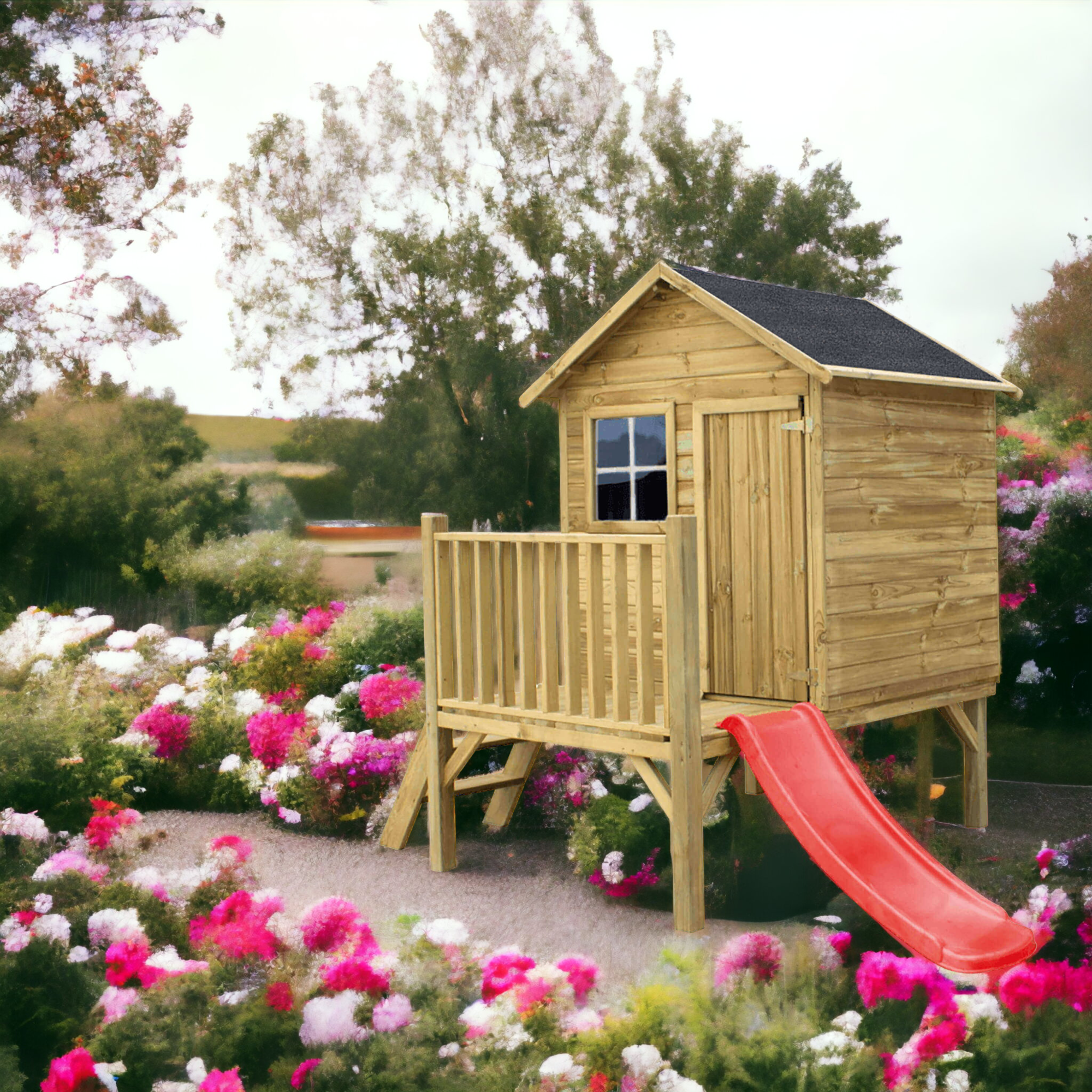 Casetta palafitta in legno gioco da giardino con scivolo Winnie first Wooden chalet