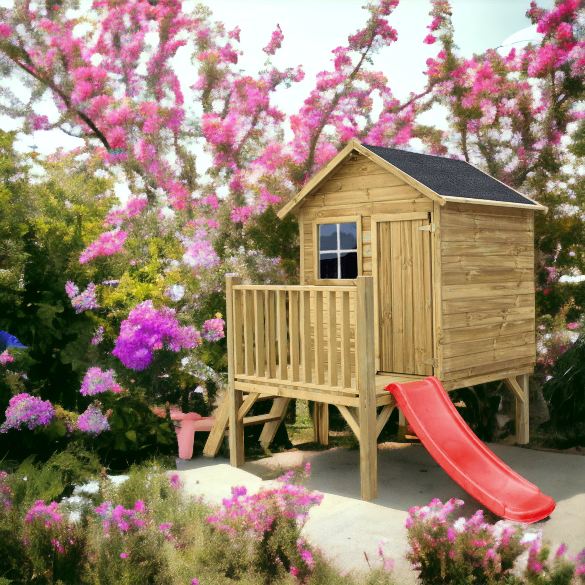 Casetta palafitta in legno gioco da giardino con scivolo Winnie first Wooden chalet