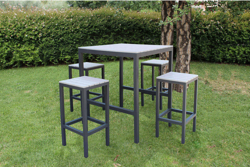Set Tavolo alto con 4 sgabelli alluminio con piano effetto legno VOGA