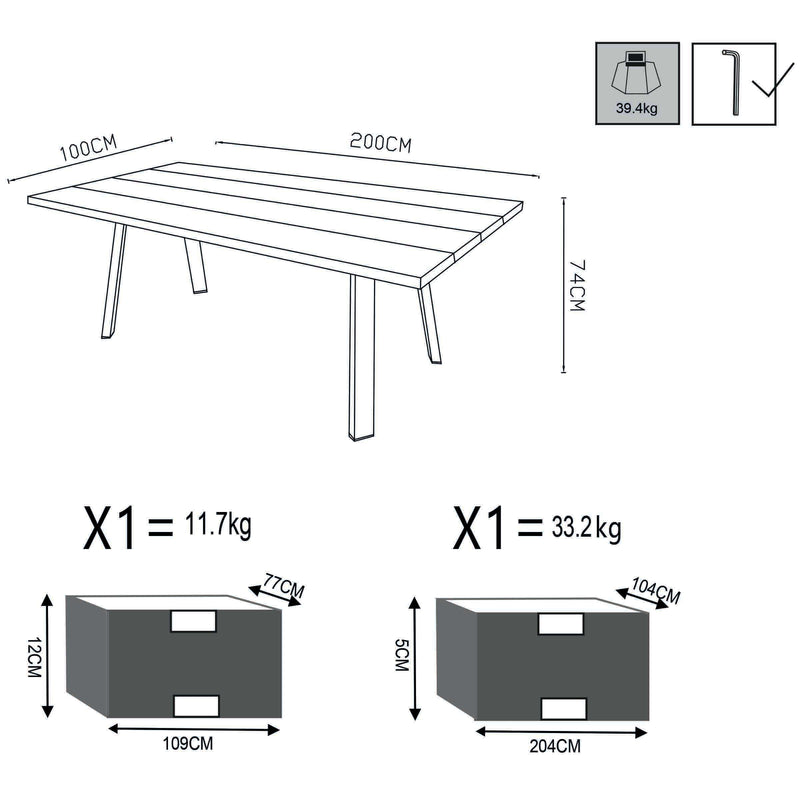Tavolo in alluminio con piano in legno teak per esterno 200x100 ANTIGUA