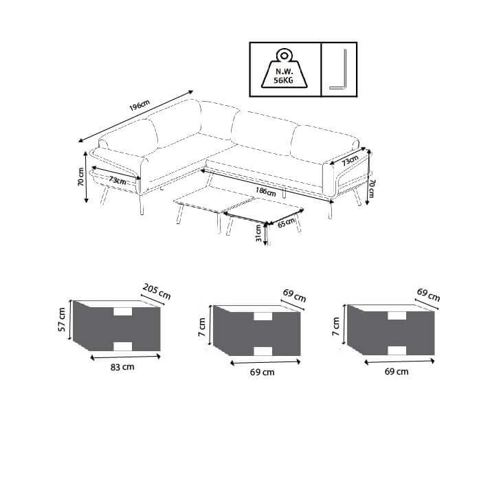 Salotto angolare con 2 tavolini e cuscini in alluminio per esterno SUARE