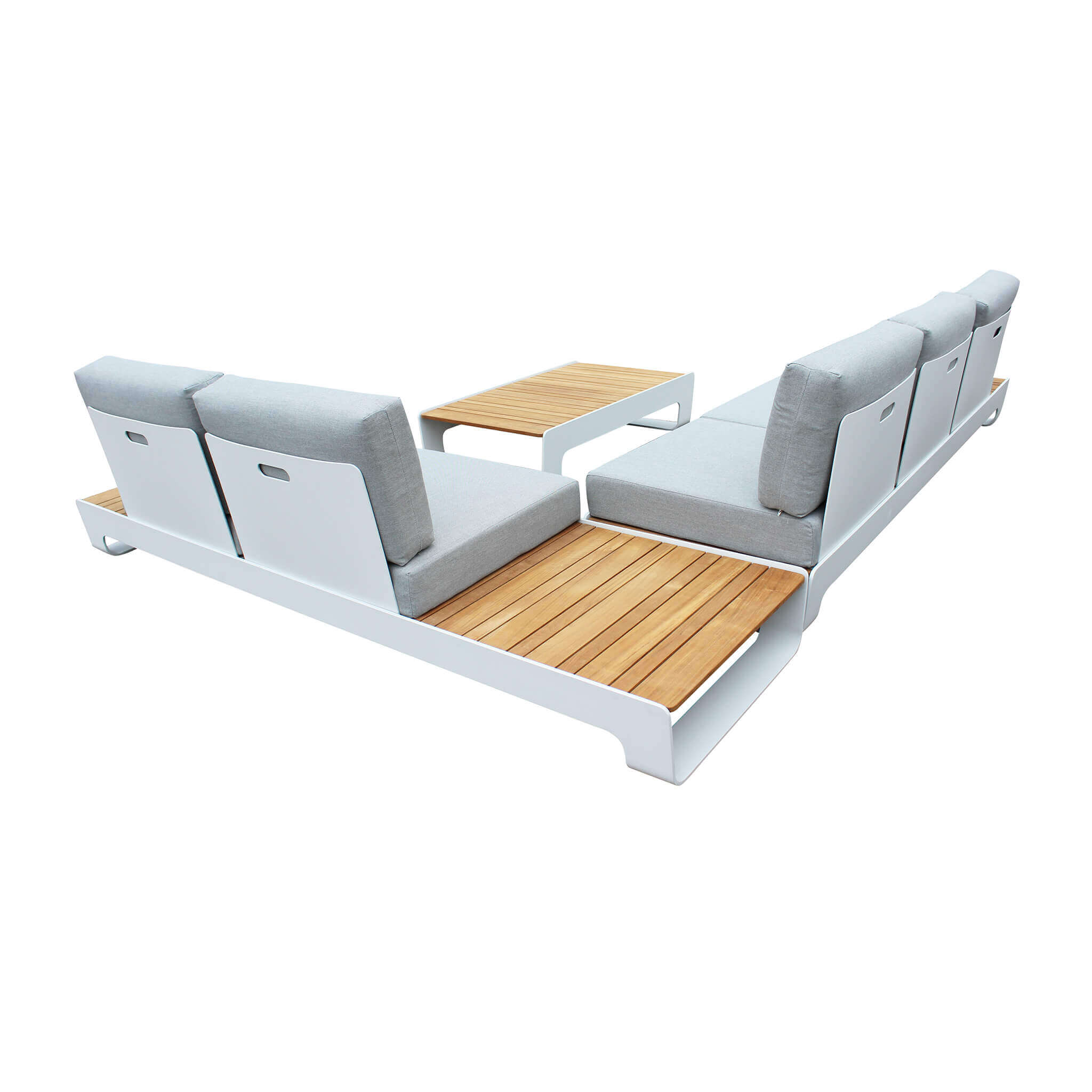 Set salotto angolare in alluminio e teak per esterno con tavolino e cusc