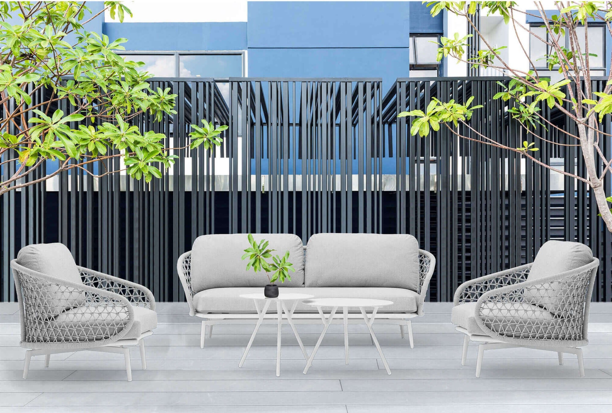 Salotto per esterno in alluminio rivestito in corda con 2 tavolini HAWAI