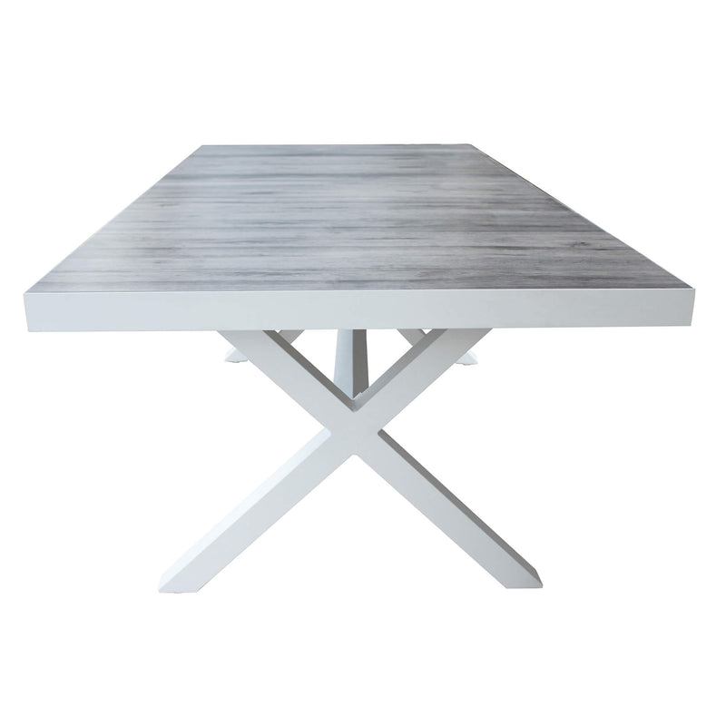 Tavolo in alluminio per esterno con piano in ceramica effetto legno 200x