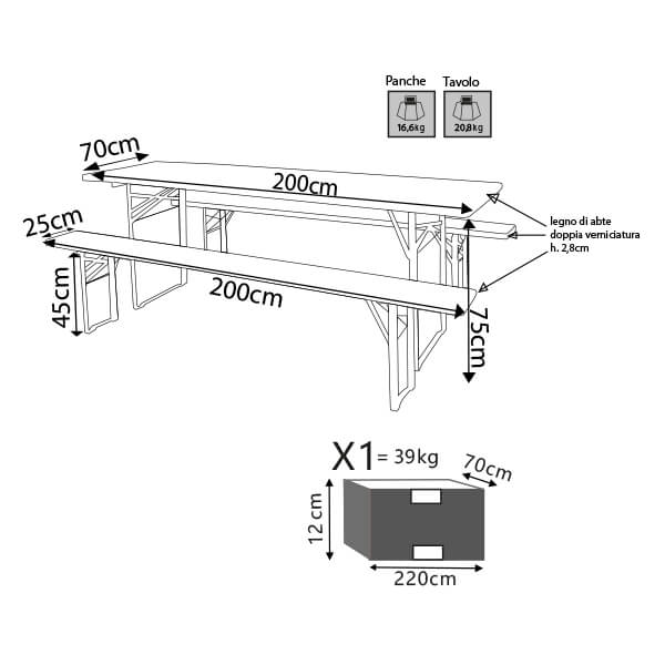Set Birreria tavolo con panche da campeggio in legno e acciaio pieghevol