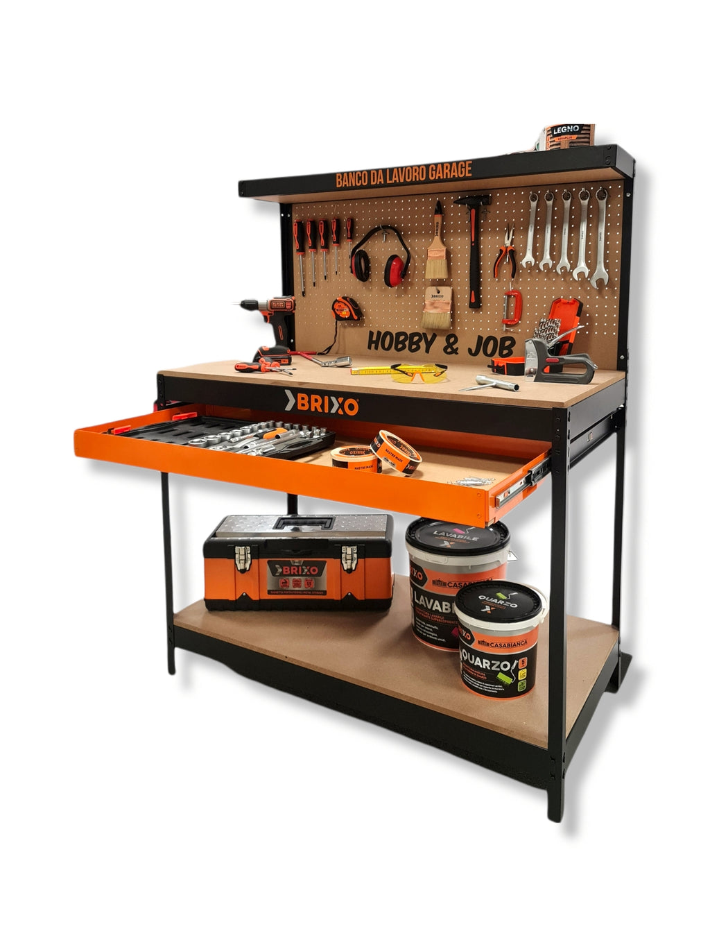Workbench with perforated panel drawer and Hobby and Job BRIXO shelf