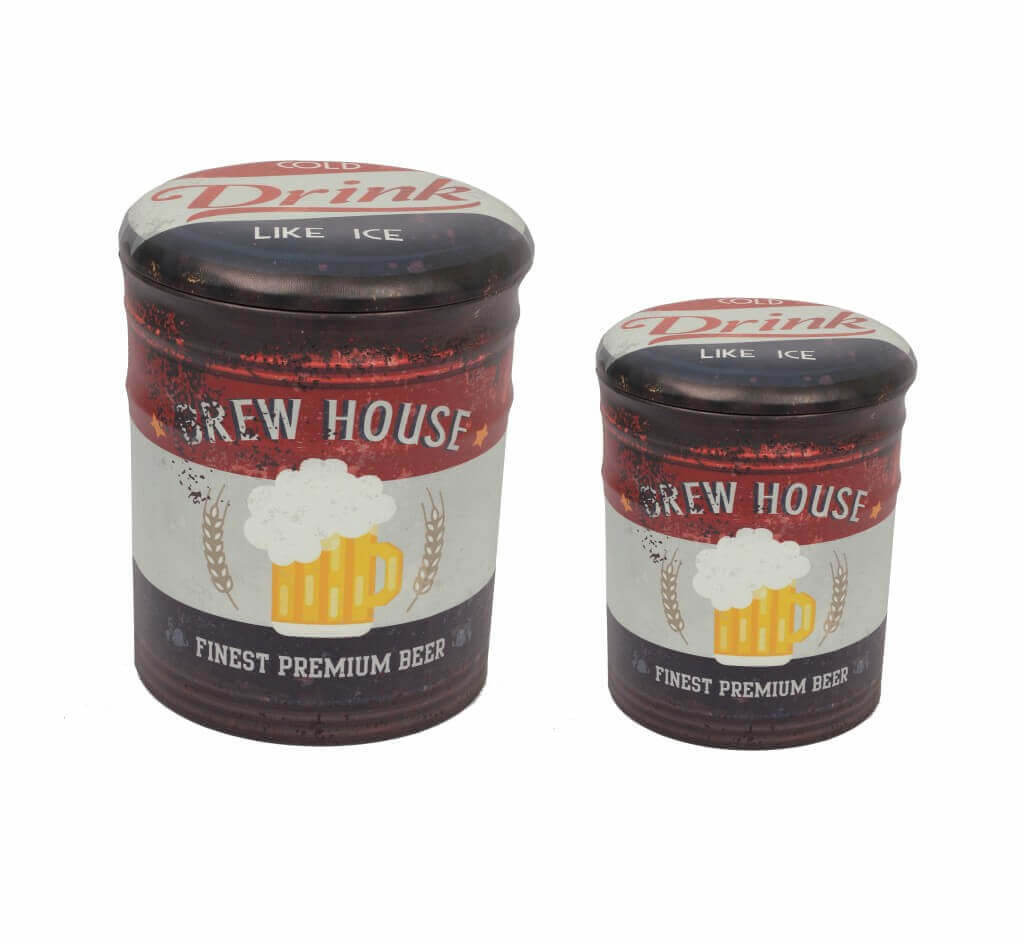 Set 2 puof contenitori da interno imbottiti da seduta con grafica birra Linea Industrial