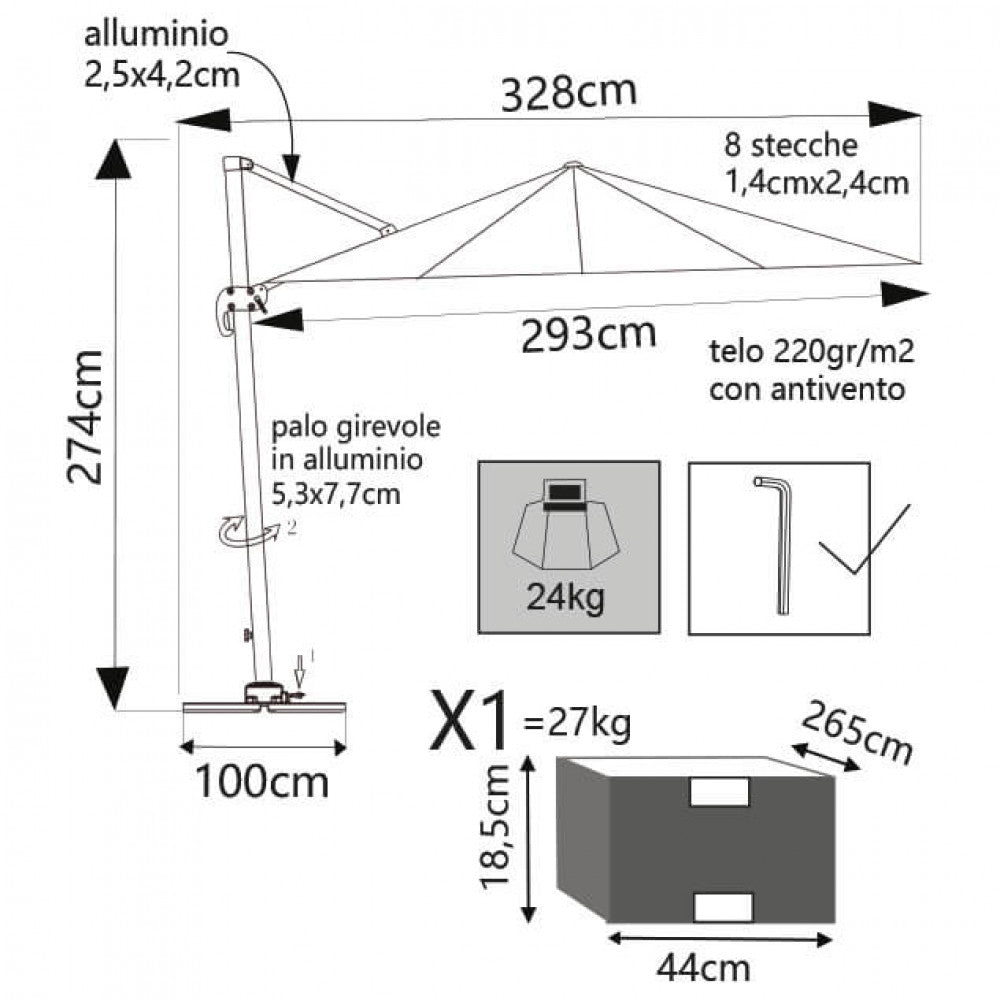 Ombrellone 3x4 mt da giardino a palo laterale in alluminio con airvent e telo pesante in poliestere 250 gr Ombrum