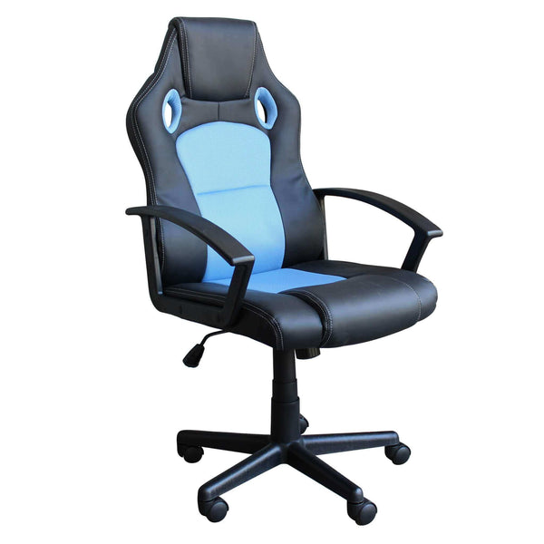 Poltrona da ufficio e gaming ergonomica in pelle nera e tessuto azzurro