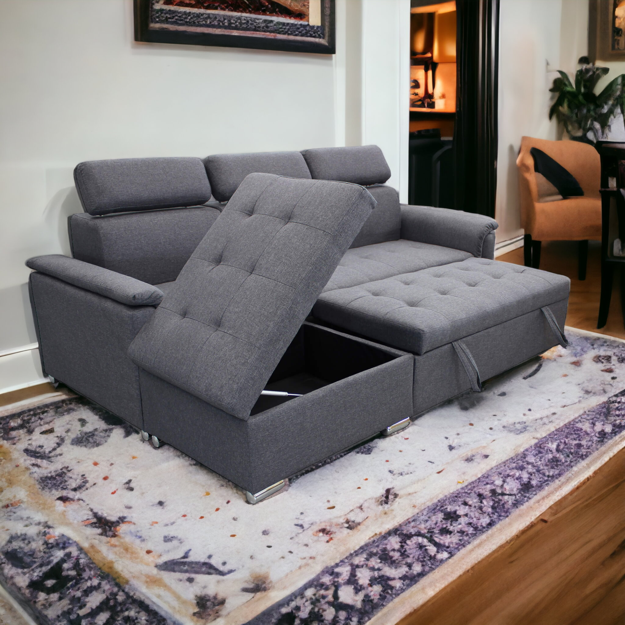 Divano letto con penisola a contenitore e poggiatesta regolabili tessuto grigio scuro Boston