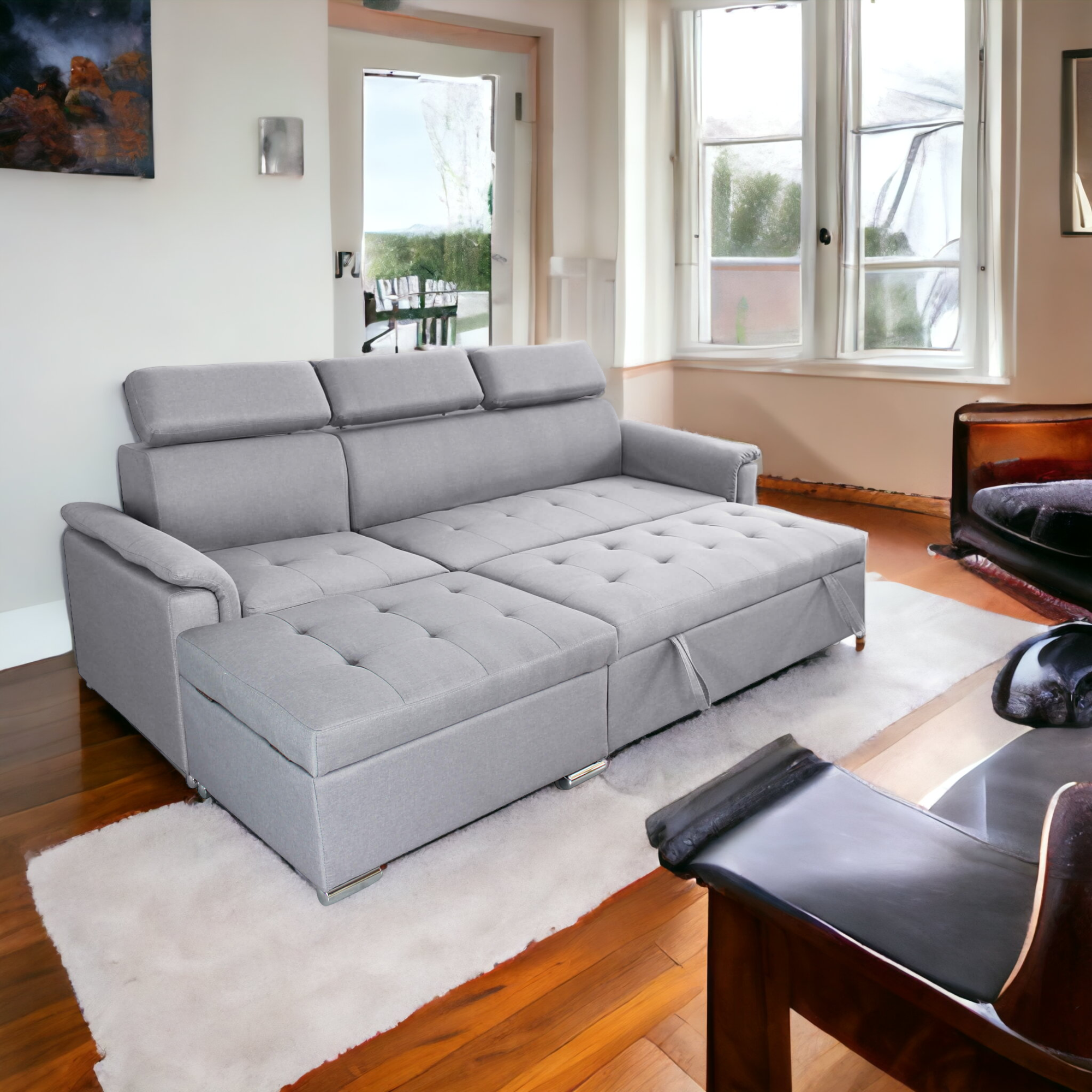 Divano letto con penisola a contenitore e poggiatesta regolabili tessuto grigio Boston