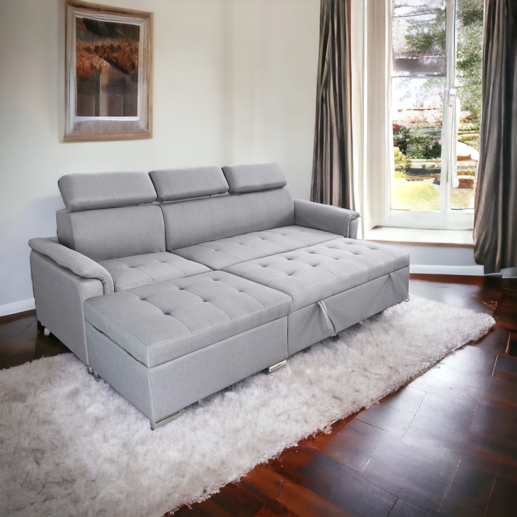 Divano letto con penisola a contenitore e poggiatesta regolabili tessuto grigio Boston