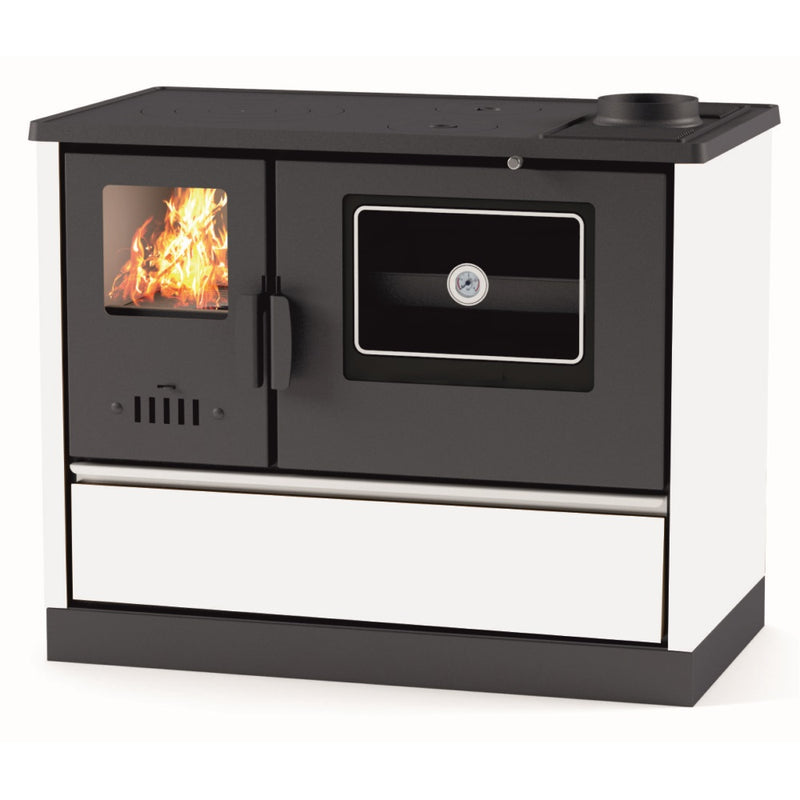 Cucina stufa riscaldamento a legna con forno focolare in ghisa con post combustione 7,9 kw K-Line Social bianca