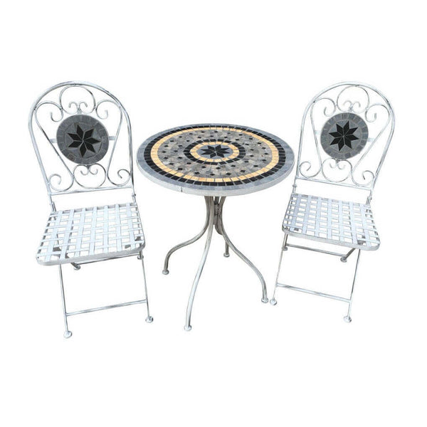 Set bistrot chiudibile 1 tavolo e 2 sedie in acciaio con decorazioni mos
