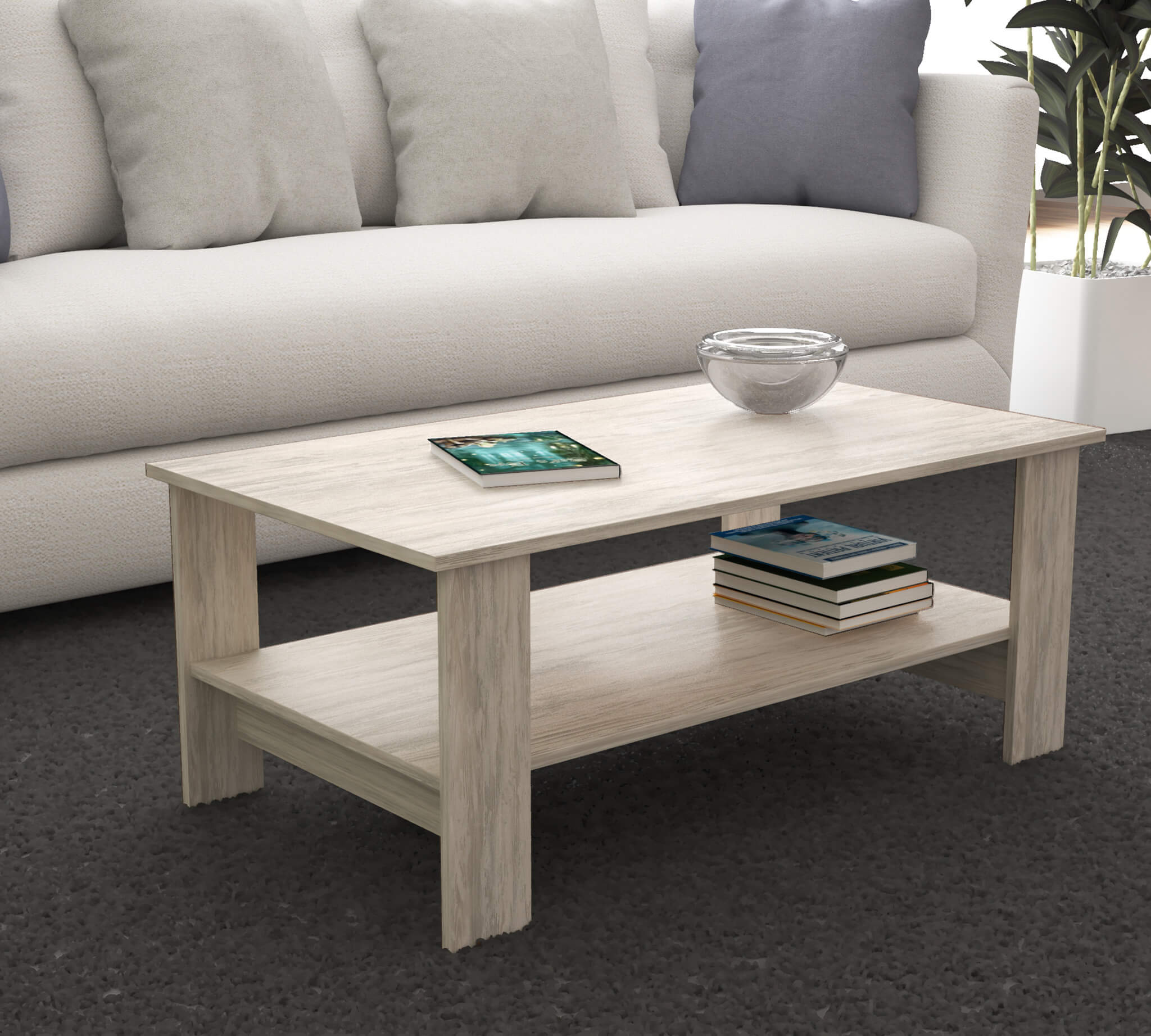 Tavolino basso da interno salotto in legno nobilitato bilaminato con 2 ripiani porta oggetti Mike