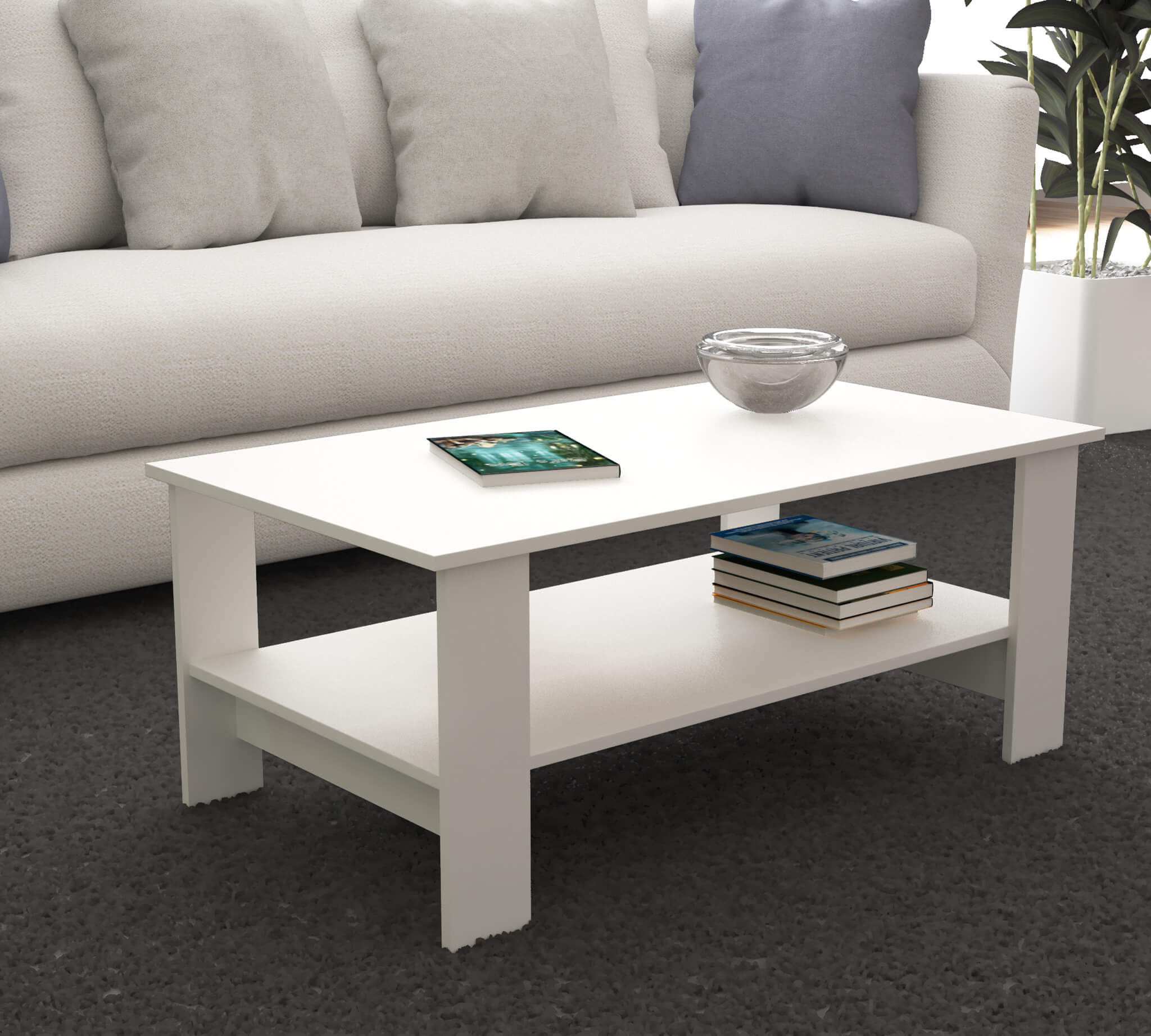 Tavolino basso da interno salotto in legno nobilitato bilaminato con 2 ripiani porta oggetti Mike