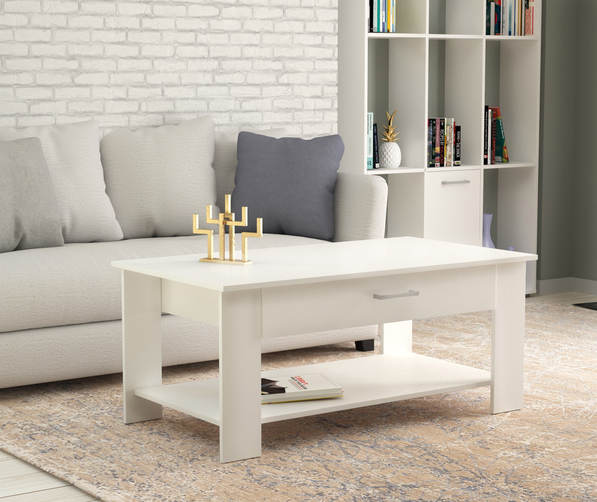 Tavolino basso da salotto in legno truciolare con 2 ripiani e 1 cassetto porta oggetti MAGIC