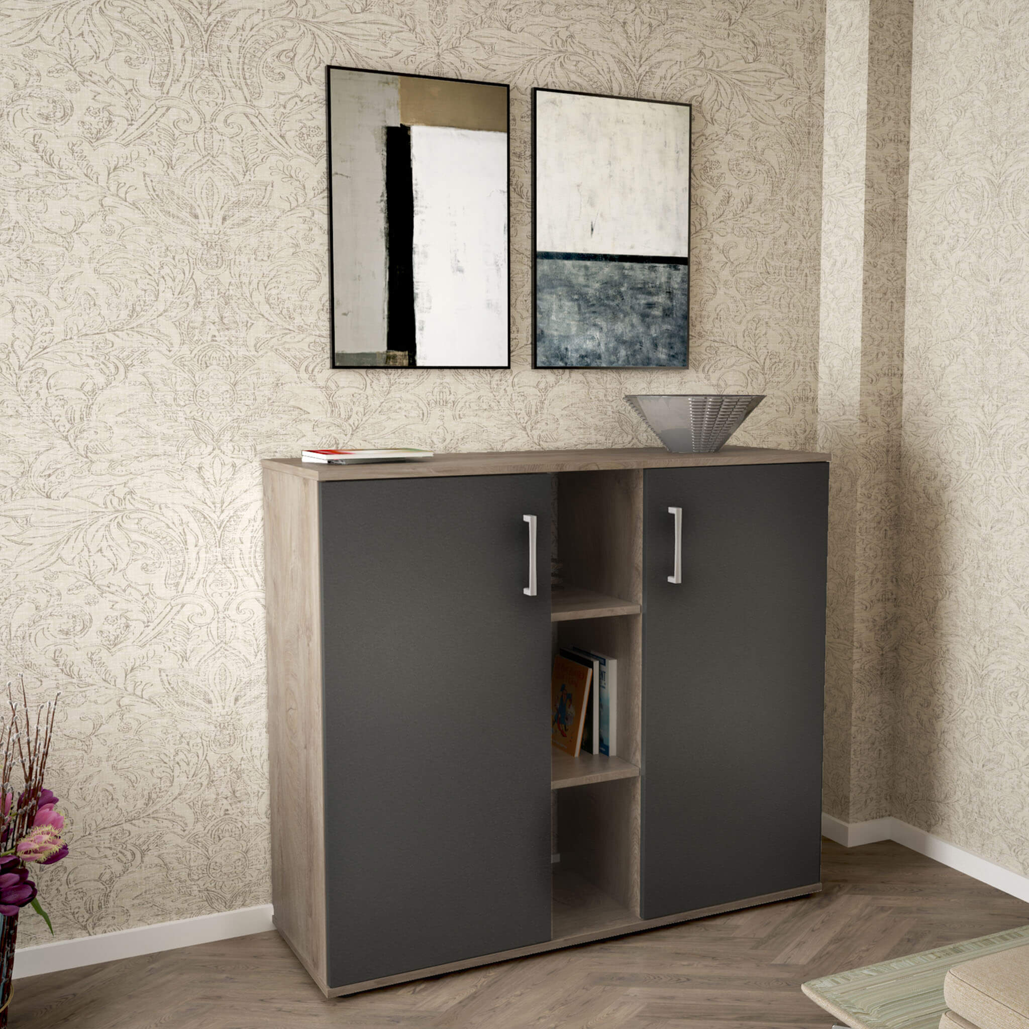 Mobiletto credenza da interno ingresso salotto in legno con 2 ante e 12 ripiani Linea Classic