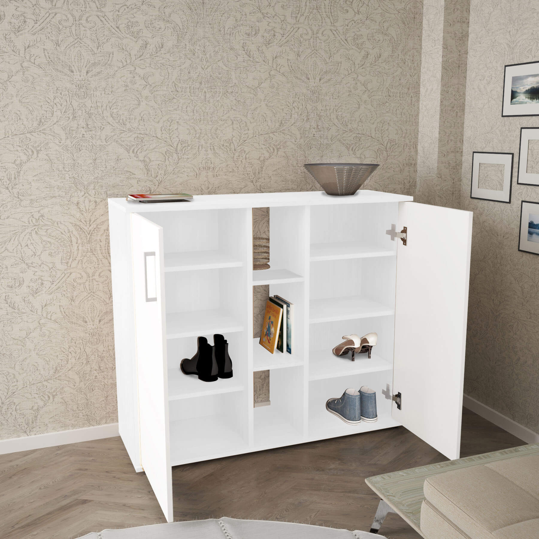 Mobiletto credenza da interno ingresso salotto in legno con 2 ante e 12 ripiani Linea Classic