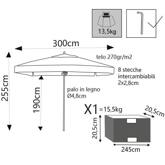 Ombrellone da giardino Ø3 mt con palo centrale in legno Meos