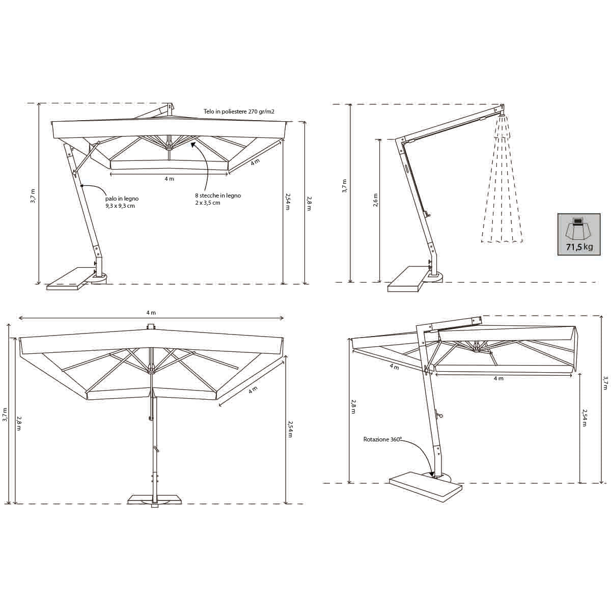 Ombrellone da giardino 3x3 mt con palo girevole 360° Paucorum