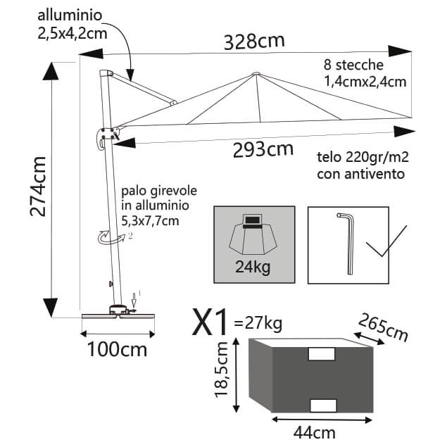 Ombrellone da giardino 3x4 mt con palo girevole e antivento Imago