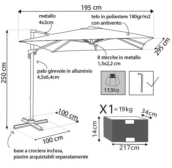 Ombrellone 2x3 mt da giardino con base a crociera Caesar