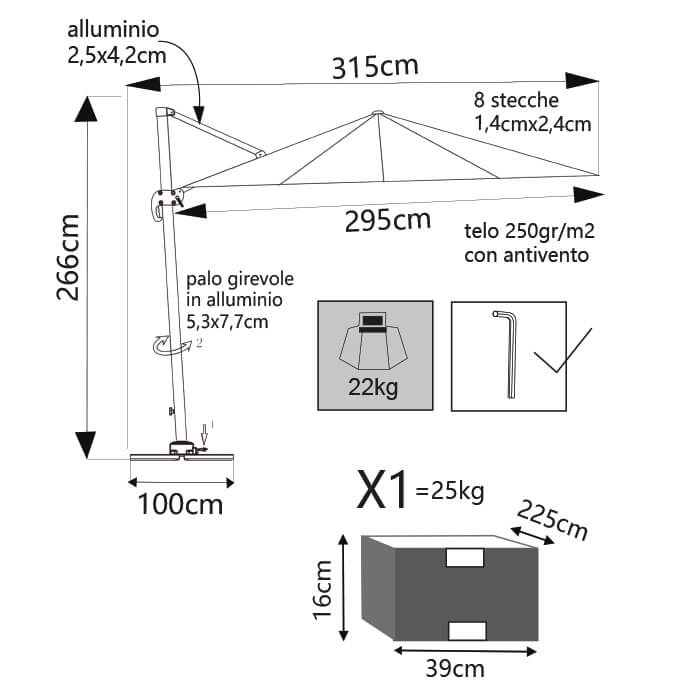 Ombrellone da giardino 3x3 mt con antivento e base a crociera Indocte