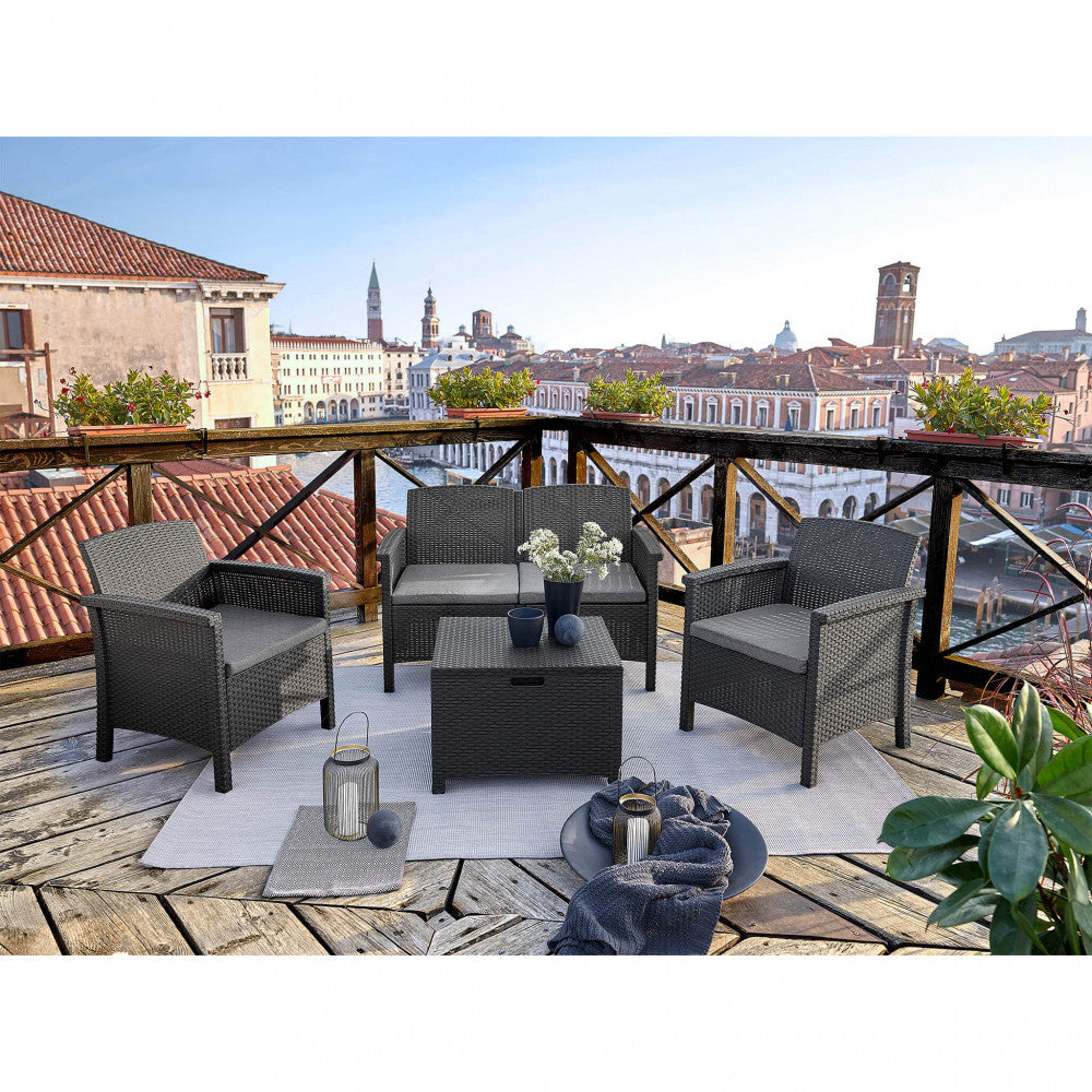 Salotto da giardino 4 posti in wicker stampato con cuscini e tavolino contenitore Friuli