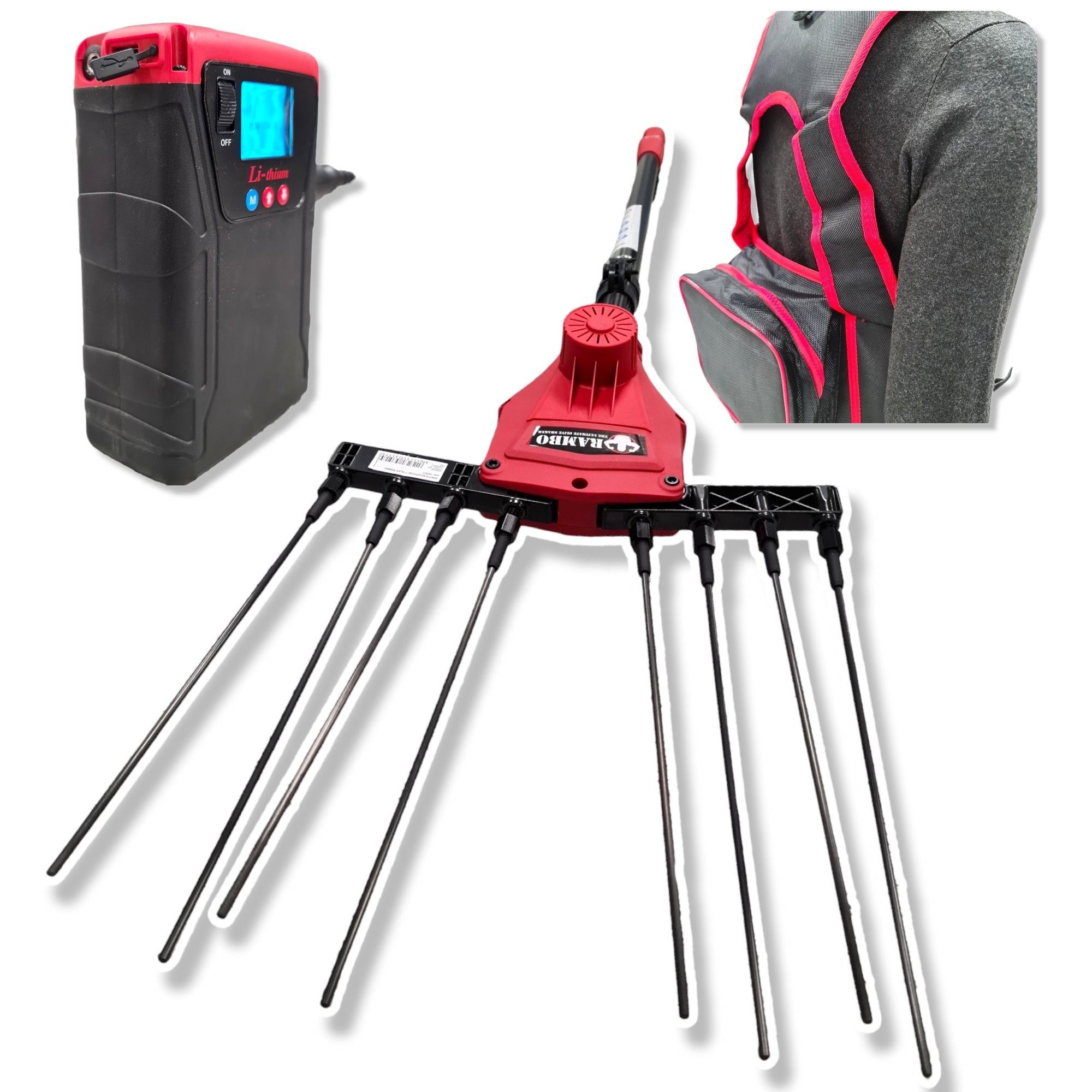 Scuotitore abbacchiatore per olive e frutti telescopico a batteria litio 43.2V power bank USB con zaino a spalla Rambo