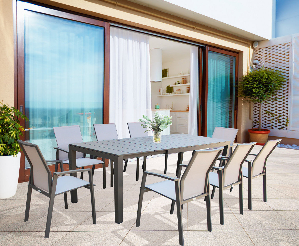 Tavolo da esterno allungabile 149/215 cm in alluminio con piedi regolabili e piano a doghe TEODOSIO