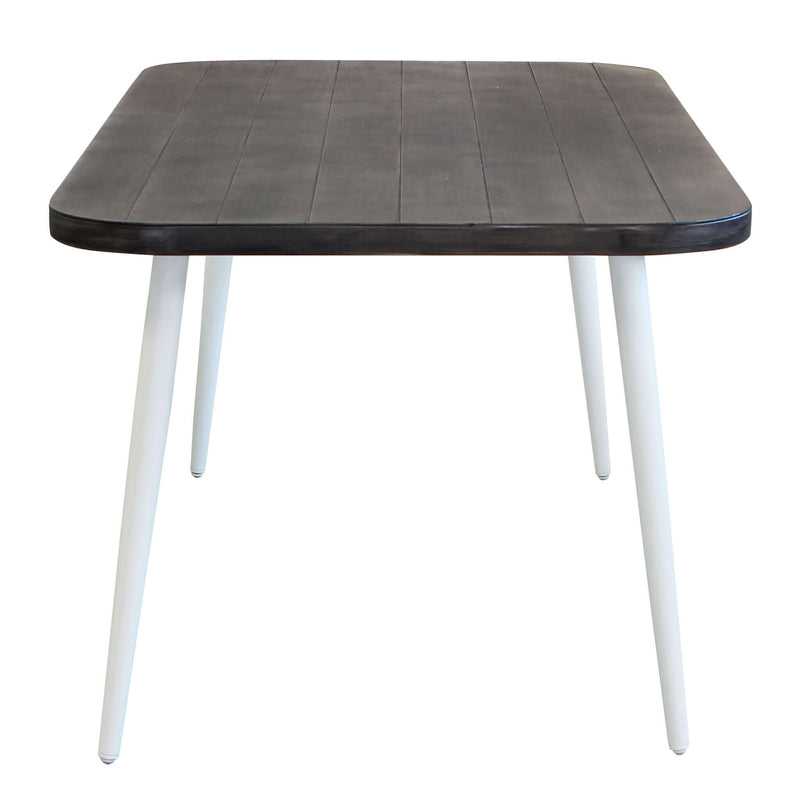 Tavolo in alluminio con piano effetto legno wenge e piedi bianchi 160x90