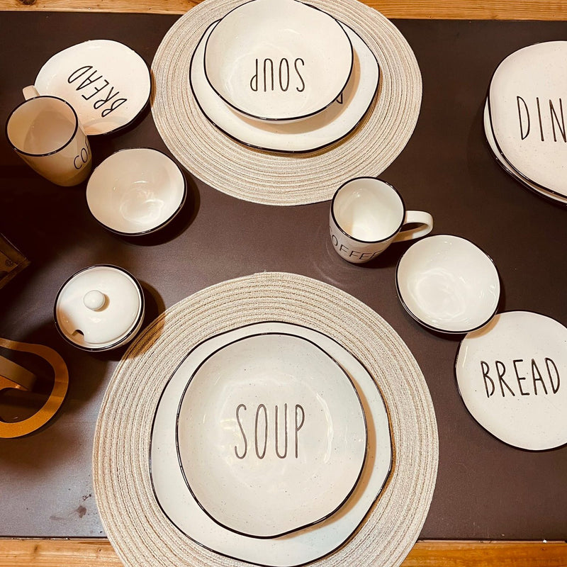 Piatti fondi in porcellana decorata con scritta Soup e bordino nero set 4 piatti Kitchen White