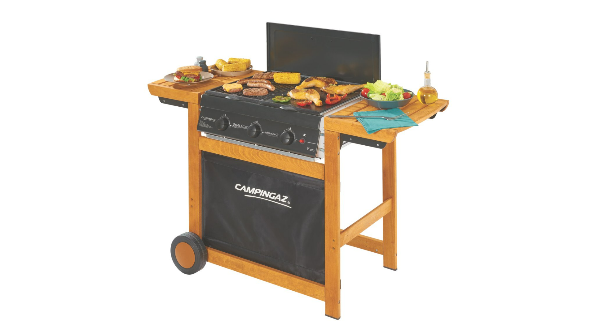 Barbecue a gas con struttura in faggio con piano cottura a griglia e a piastra - Campingaz Dual Gas Adelaide 3 Woody