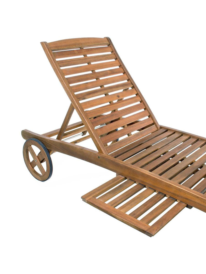 Lettino prendisole da esterno in legno con ruote schienale regolabile e piano laterale portaoggetti Woody Relax