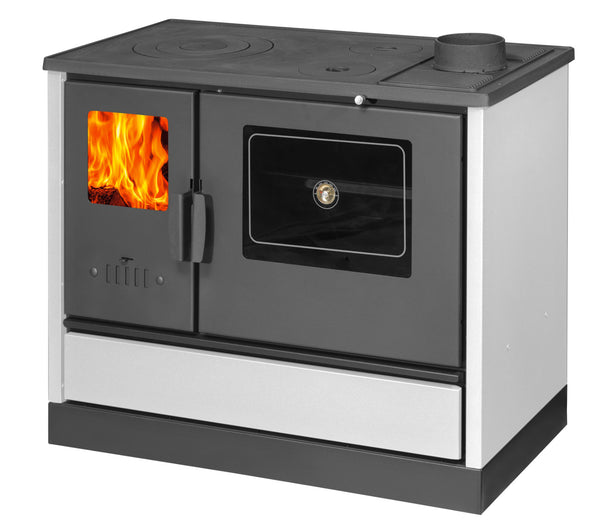 Cucina stufa riscaldamento a legna con forno focolare in ghisa con post combustione 7,9 kw K-Line Social bianca