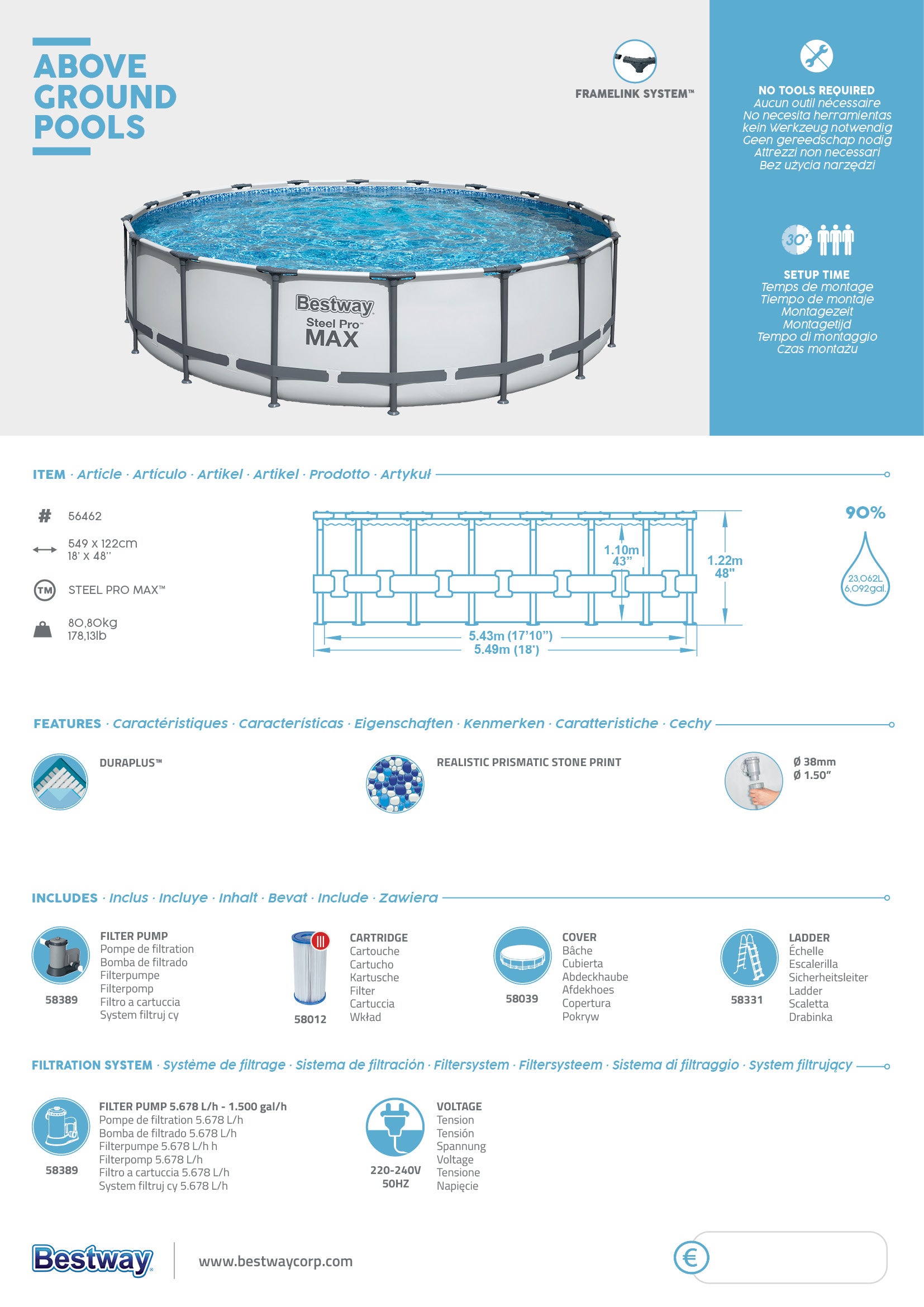 Piscina fuoriterra tonda 549x122H Steel Pro Max Bestway 56462 completa accessori